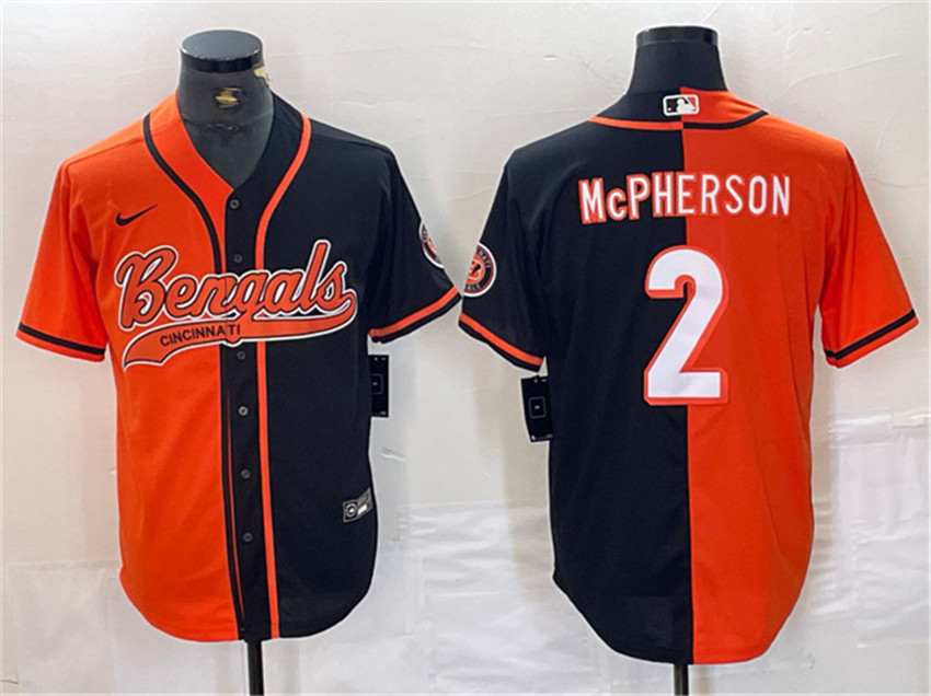 Men's Black/Orange Cincinnati Bengals #2 Evan McPherson Split With Patch Cool Base Stitched Baseball Jersey